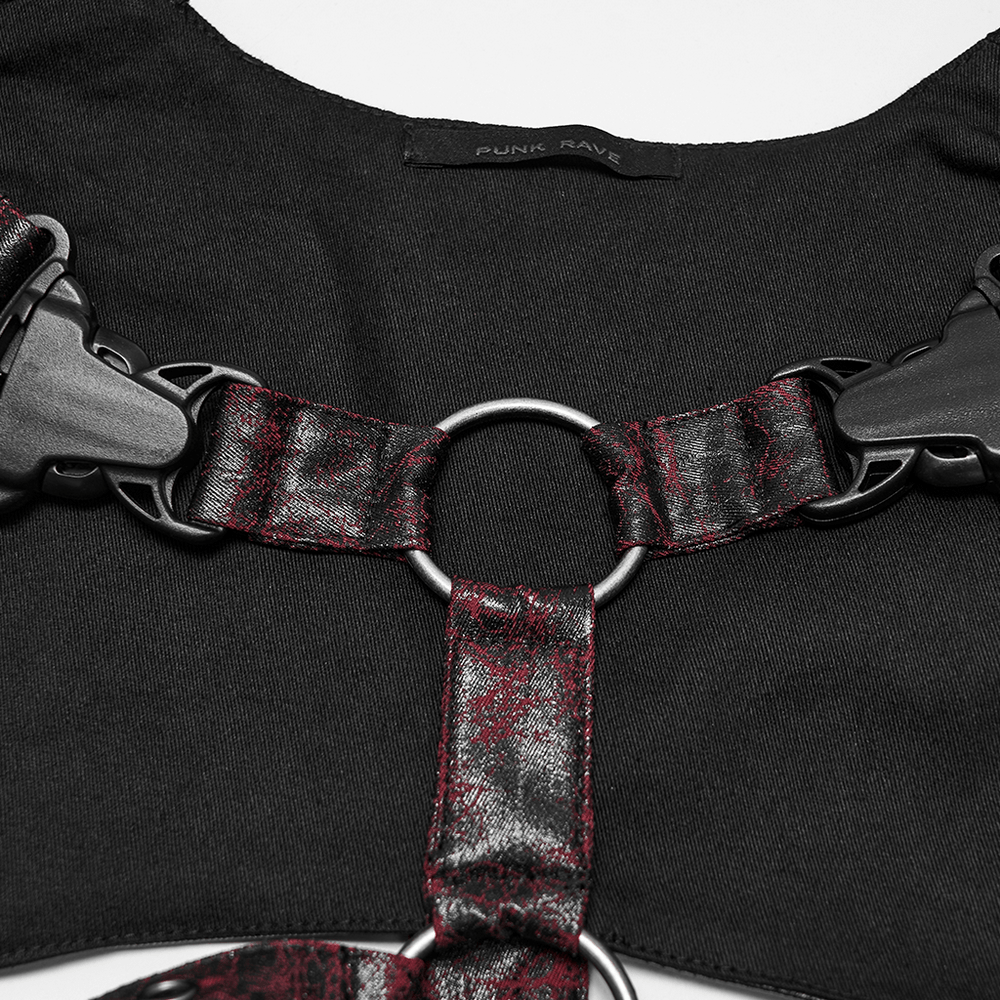 Gothic Punk Faux Leather Chest Harness with Metal Rings, dark red and black adjustable punk cage harness with O-rings