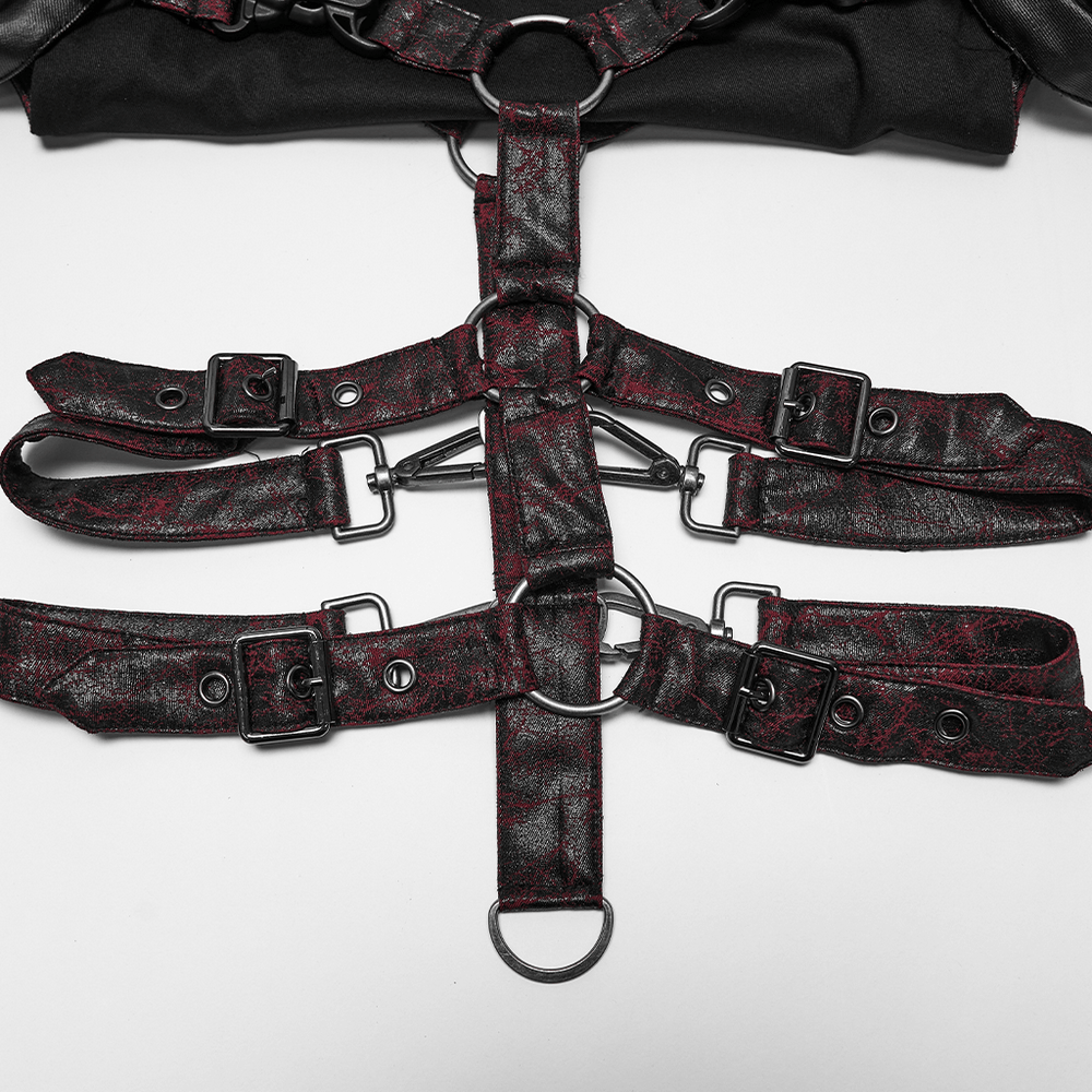 Gothic Punk Faux Leather Chest Harness with Metal Rings, adjustable dark red and black straps with studded buckles