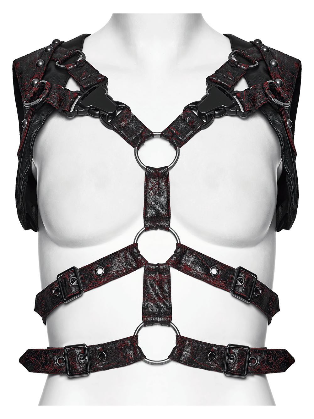 Gothic Punk Faux Leather Chest Harness with Metal Rings, dark red and black adjustable cage-style body harness
