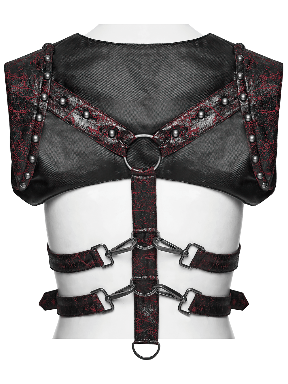 Gothic Punk Faux Leather Chest Harness with Metal Rings, adjustable dark red and black studded buckle straps
