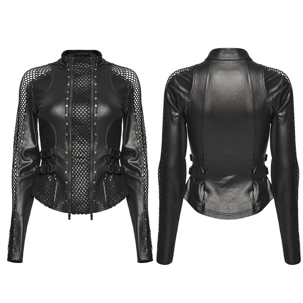 Gothic Punk Faux Leather Mesh Long Sleeved Top featuring double zipper and mesh panels, perfect for techwear style.