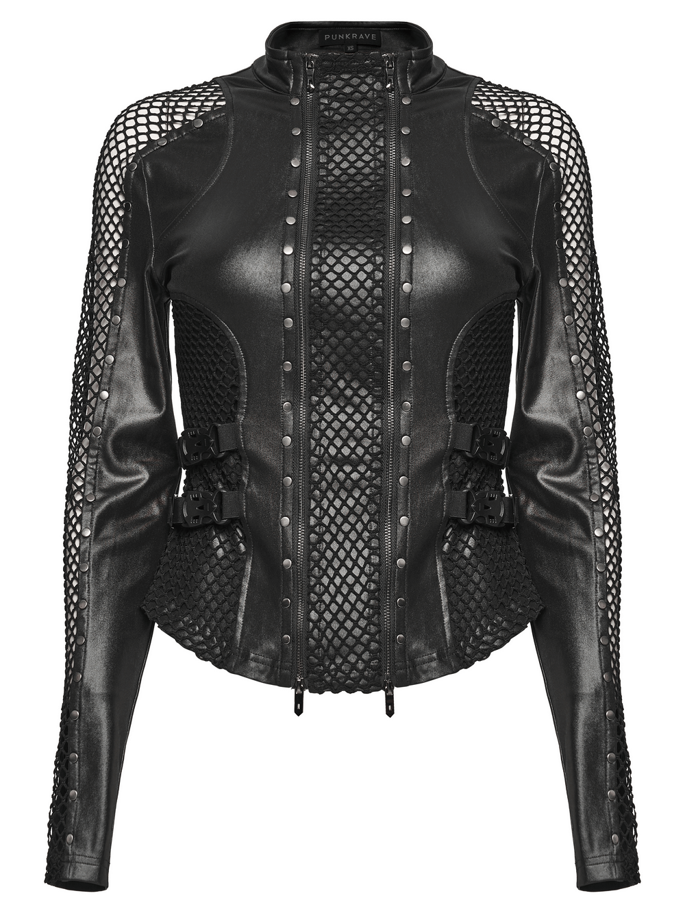 Gothic Punk Faux Leather Mesh Long Sleeved Top featuring double zippers and rivets for a bold underground style.