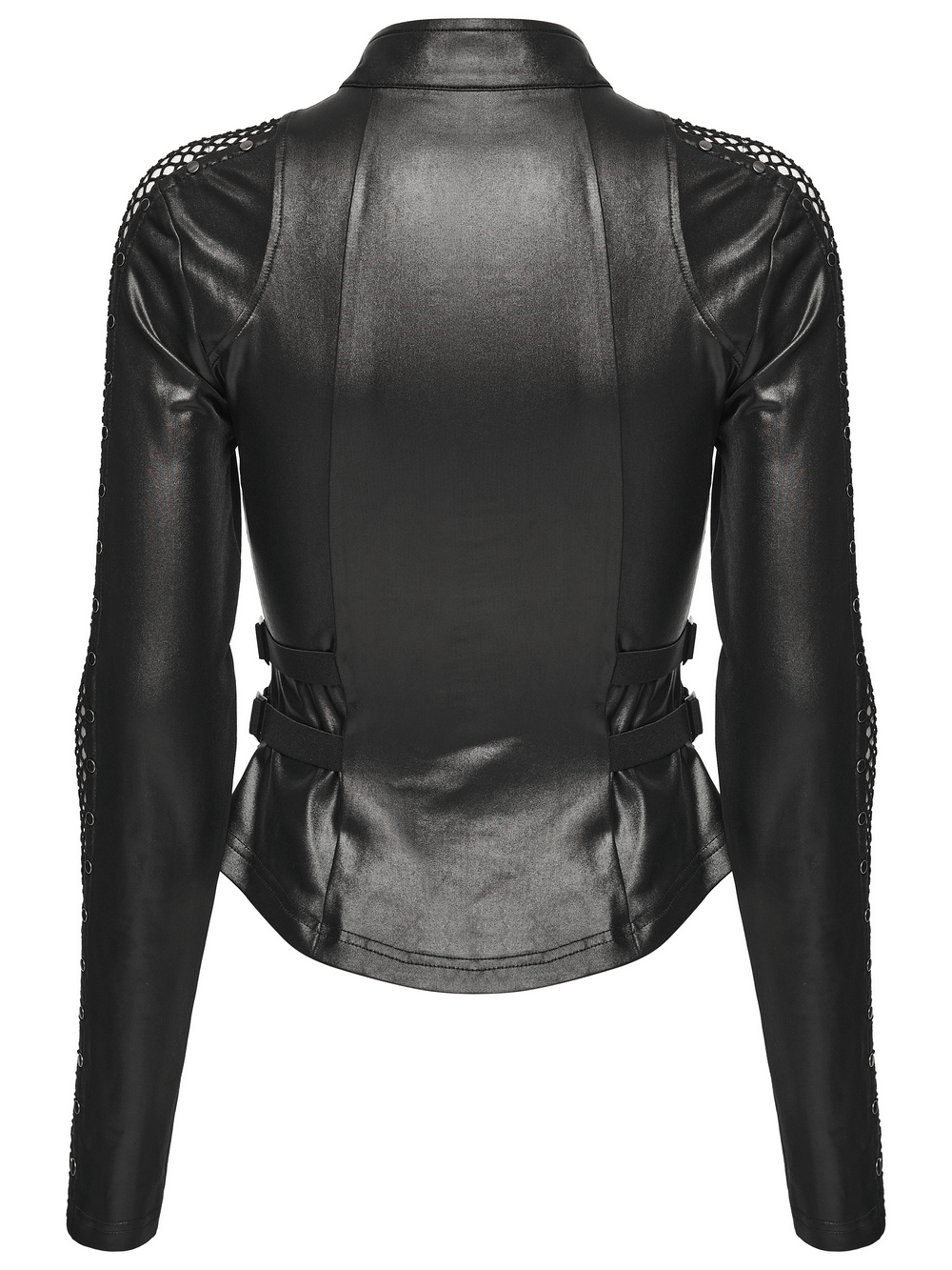 Gothic Punk Faux Leather Mesh Long Sleeved Top back view showcasing zipper and buckle details.
