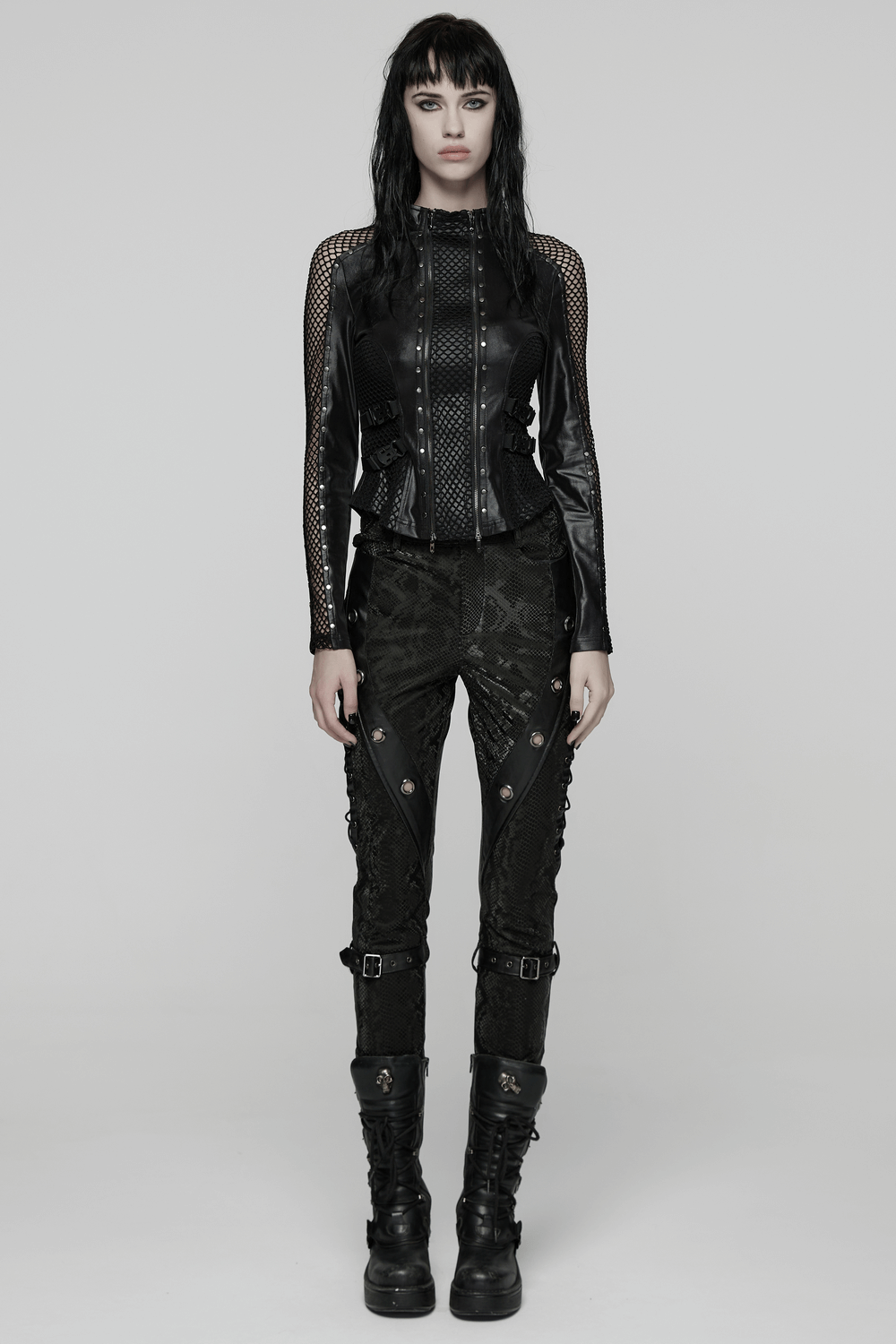 Female Goth Leather Jacket Gothic Punk Faux Leather Mesh Long