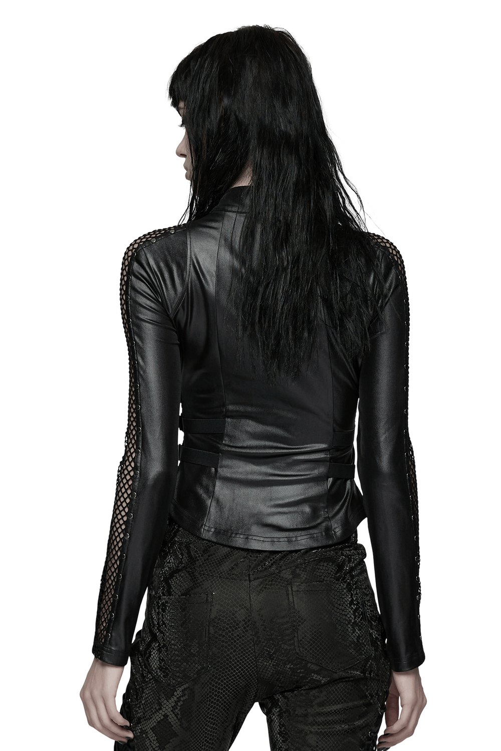 Gothic Punk Faux Leather Mesh Long Sleeved Top showcasing its edgy back design with mesh panels and sleek faux leather.