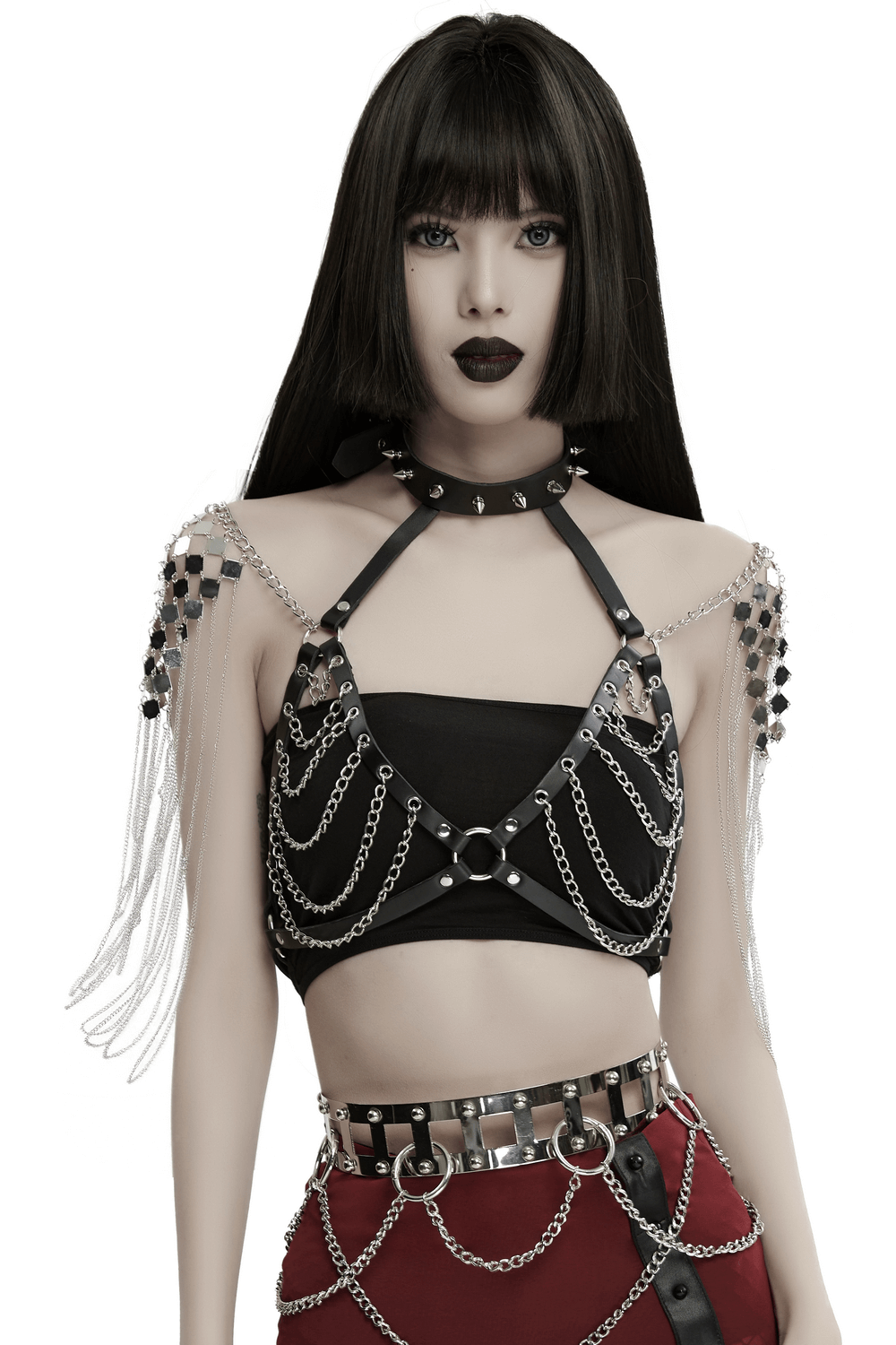 Gothic Punk Halter Harness with Chains and Spiked Neck, featuring dynamic metal and leather design for edgy fashion.