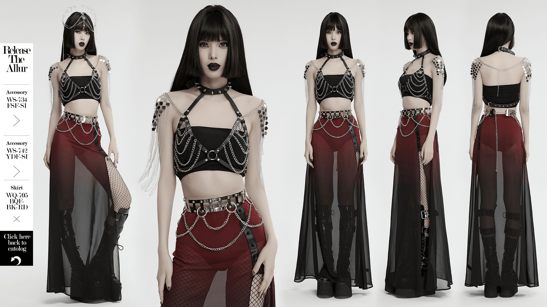 Gothic Punk Halter Harness with Chains and Spiked Neck on Model in Black and Red Outfit