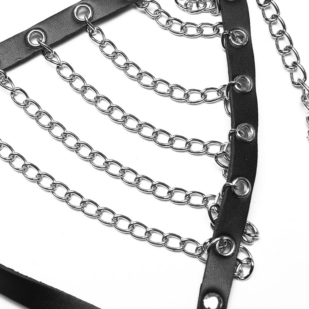 Gothic punk halter harness with chains and spiked neck in black leather and metal, featuring edgy chain details and spiked accents.