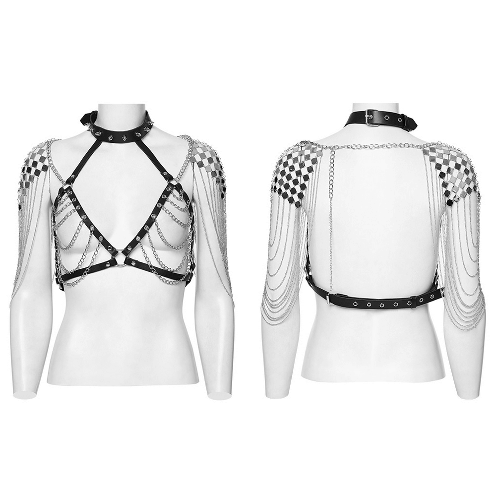 Gothic Punk Halter Harness with Chains and Spiked Neck, featuring edgy metal and leather design with shimmering shoulder accents.