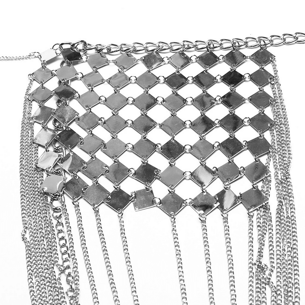 Shiny metal diamond pattern with cascading chains on Gothic punk harness accessory.