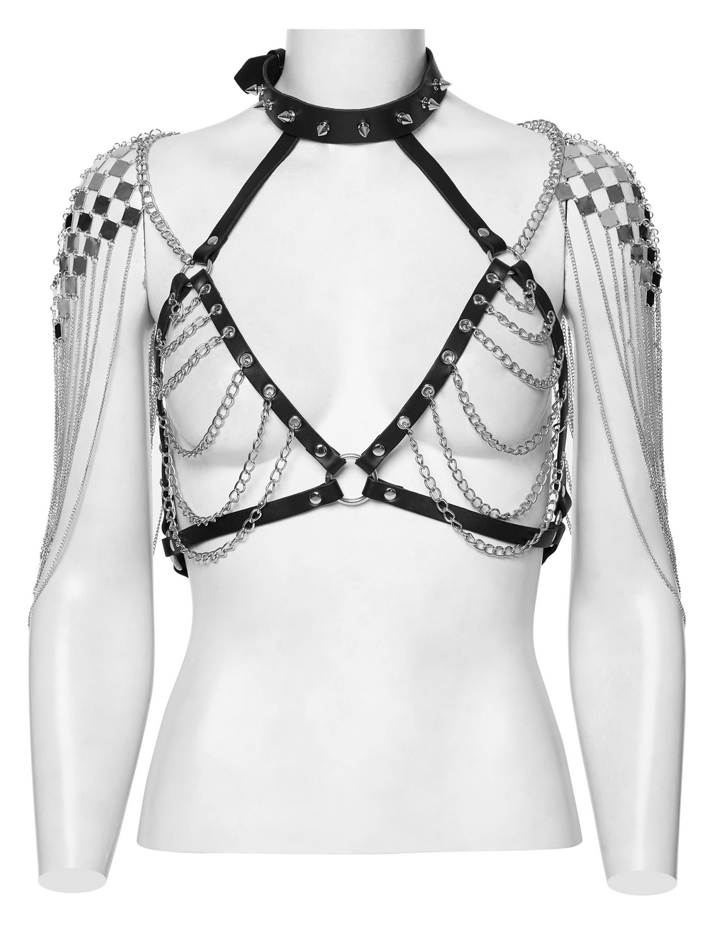 Gothic punk halter harness with chains and spiked neck, featuring leather and metal design, bold chest chains, and dynamic shoulder accents.