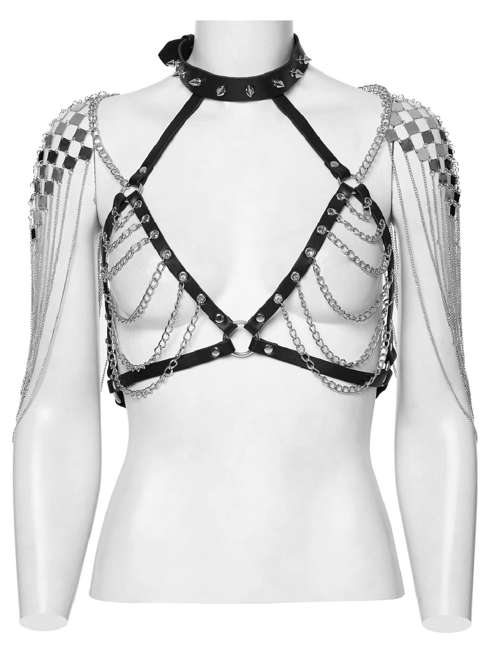 Gothic punk halter harness with chains and spiked neck, featuring leather and metal design, bold chest chains, and dynamic shoulder accents.