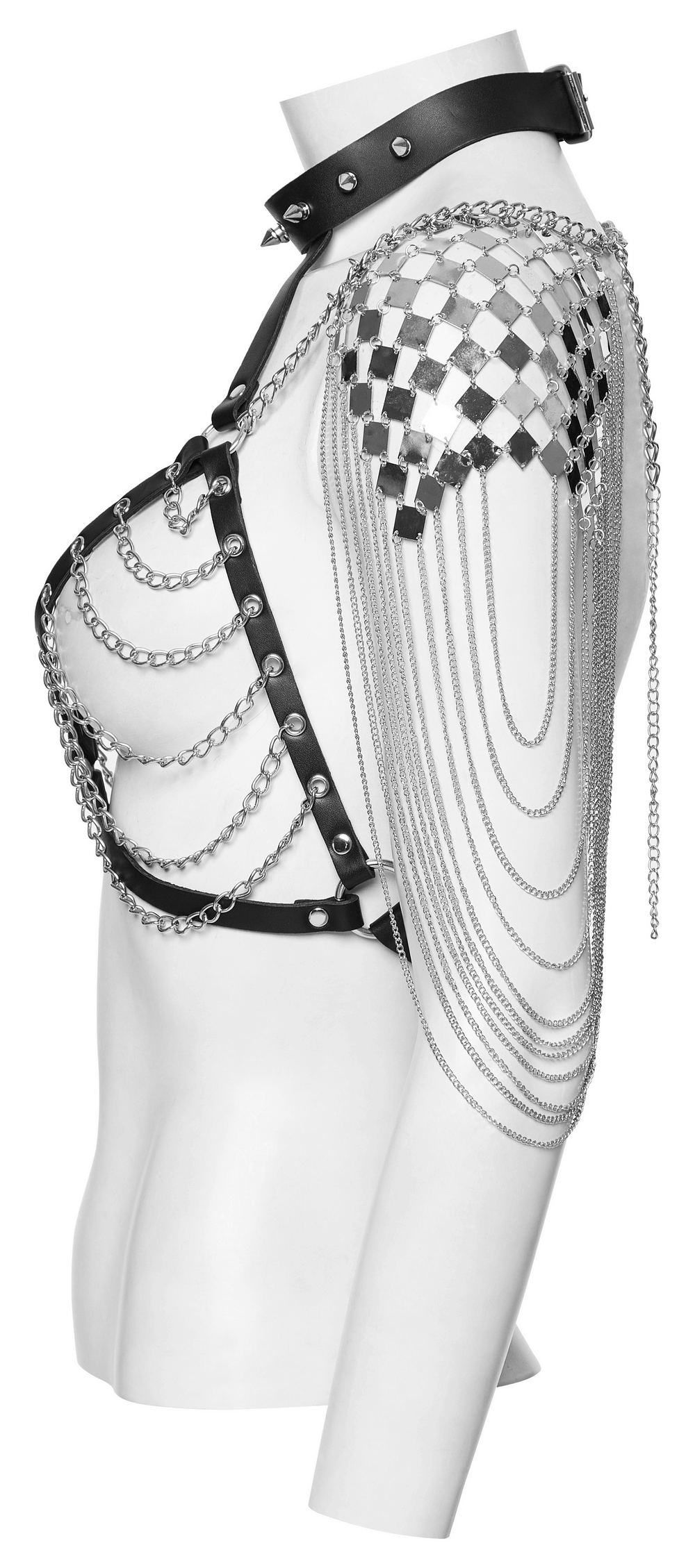 Gothic Punk Halter Harness with Chains and Spiked Neck