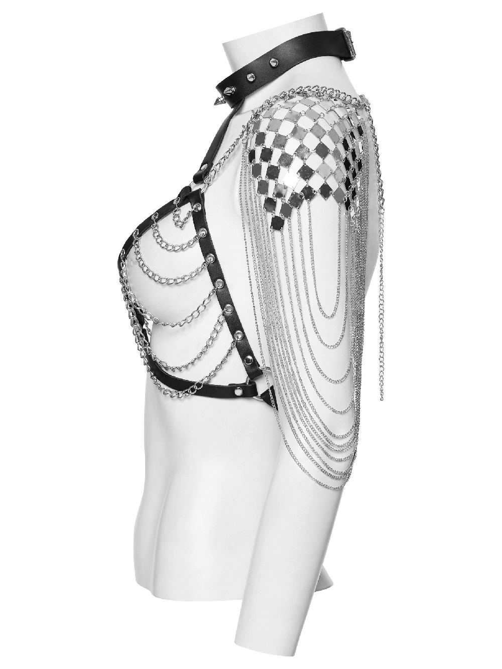 Gothic punk halter harness with chains and a spiked neck, featuring metal and leather accents for an edgy fashion statement.