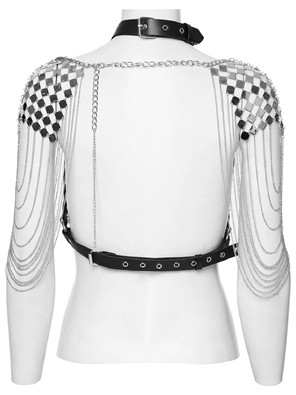 Gothic Punk Halter Harness with Spiked Neck and Chain Shoulder Accents in Black and Silver