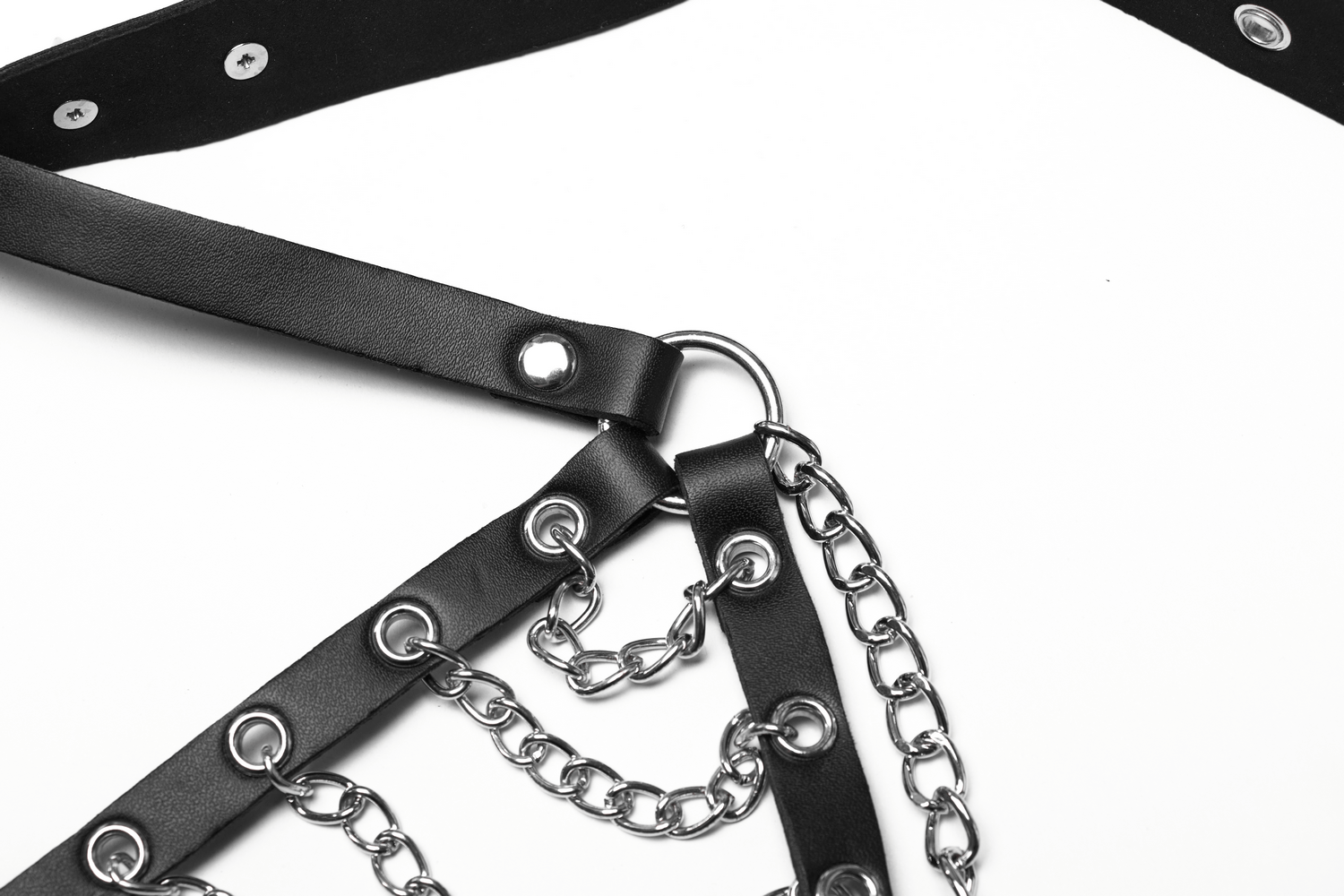 Gothic punk halter harness with leather straps and metal chains, featuring spiked neck accents for an edgy, bold look.