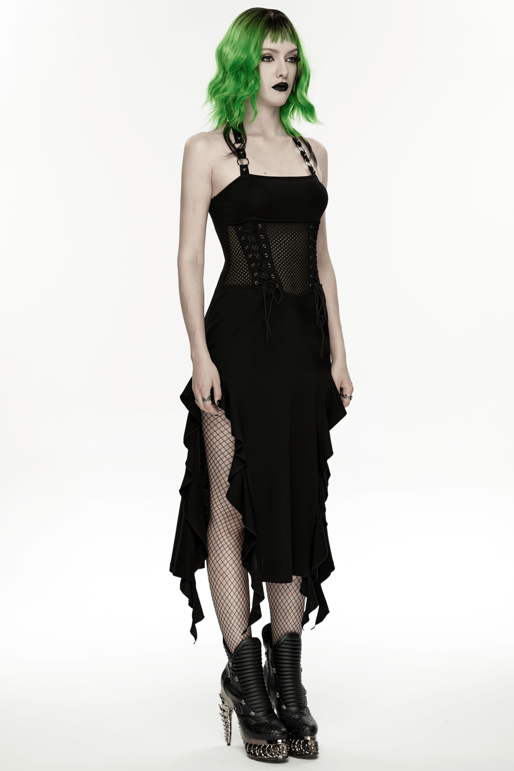 Gothic Punk Halter Mesh Dress With Ruffled Hem worn by a model with green hair, showcasing a stylish punk look.