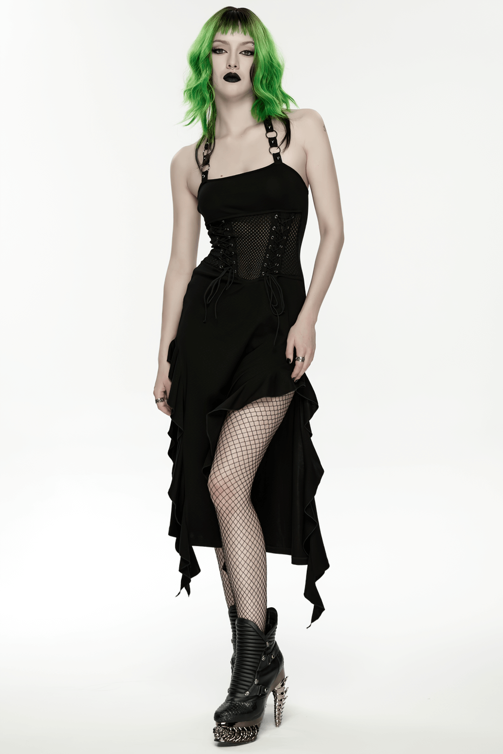Gothic Punk Halter Mesh Dress With Ruffled Hem showcasing a striking layered look and edgy design.