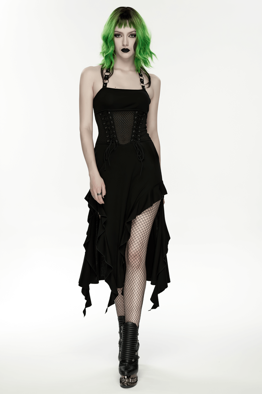 Gothic Punk Halter Mesh Dress With Ruffled Hem showcasing a model in a dramatic look with punk style elements.