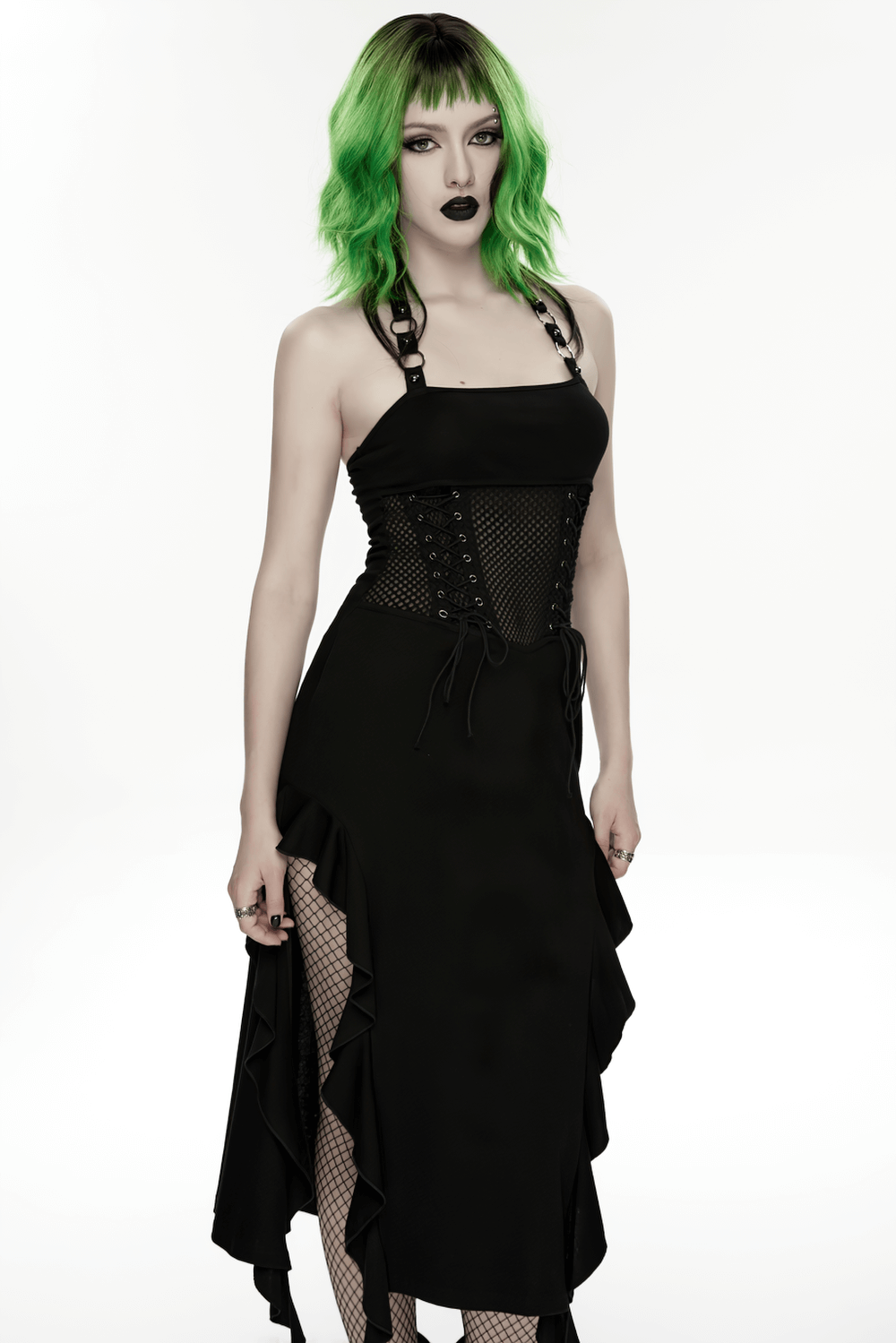 Gothic Punk Halter Mesh Dress With Ruffled Hem worn by model with green hair, showcasing layered mesh and ruffled details.