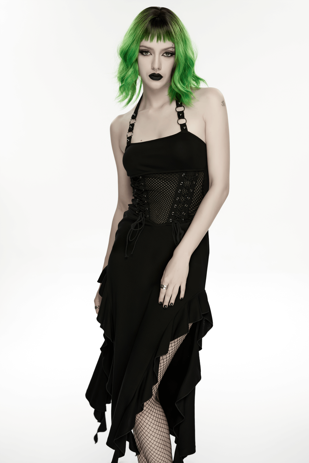 Gothic Punk Halter Mesh Dress With Ruffled Hem Gothic Punk Halter Mesh Dress With Ruffled Hem