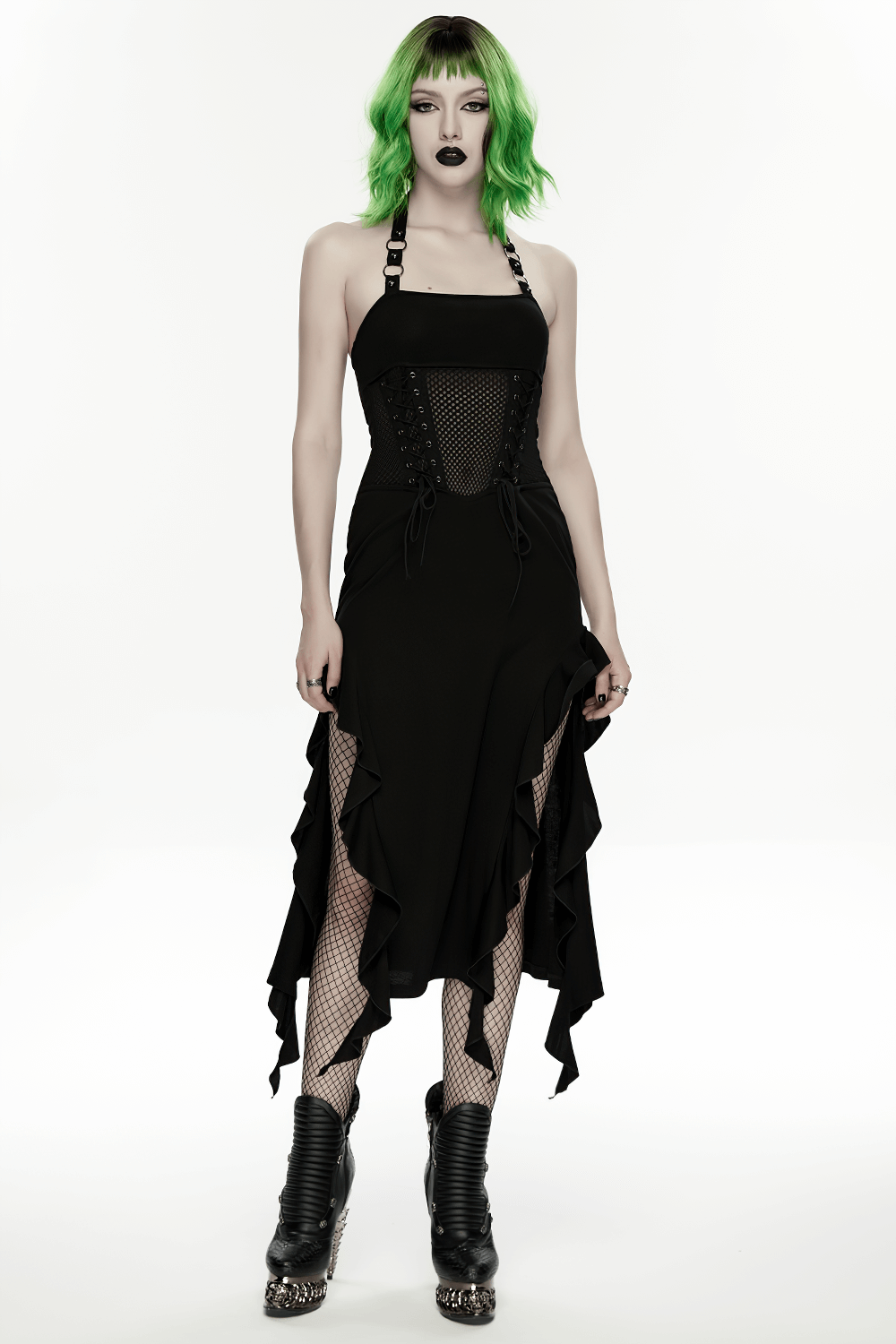 Gothic Punk Halter Mesh Dress With Ruffled Hem modeled by a person with green hair, showcasing edgy style and design.