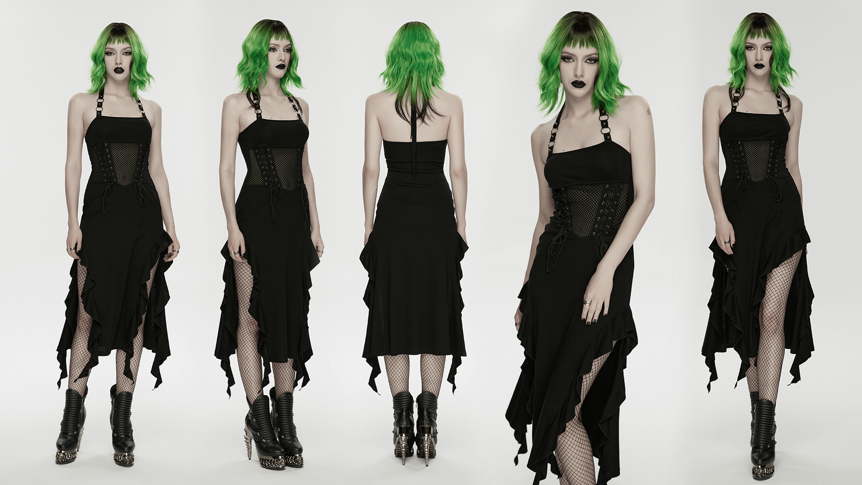 Gothic Punk Halter Mesh Dress With Ruffled Hem showcased on a model with green hair, featuring ruffled hem and mesh waist.
