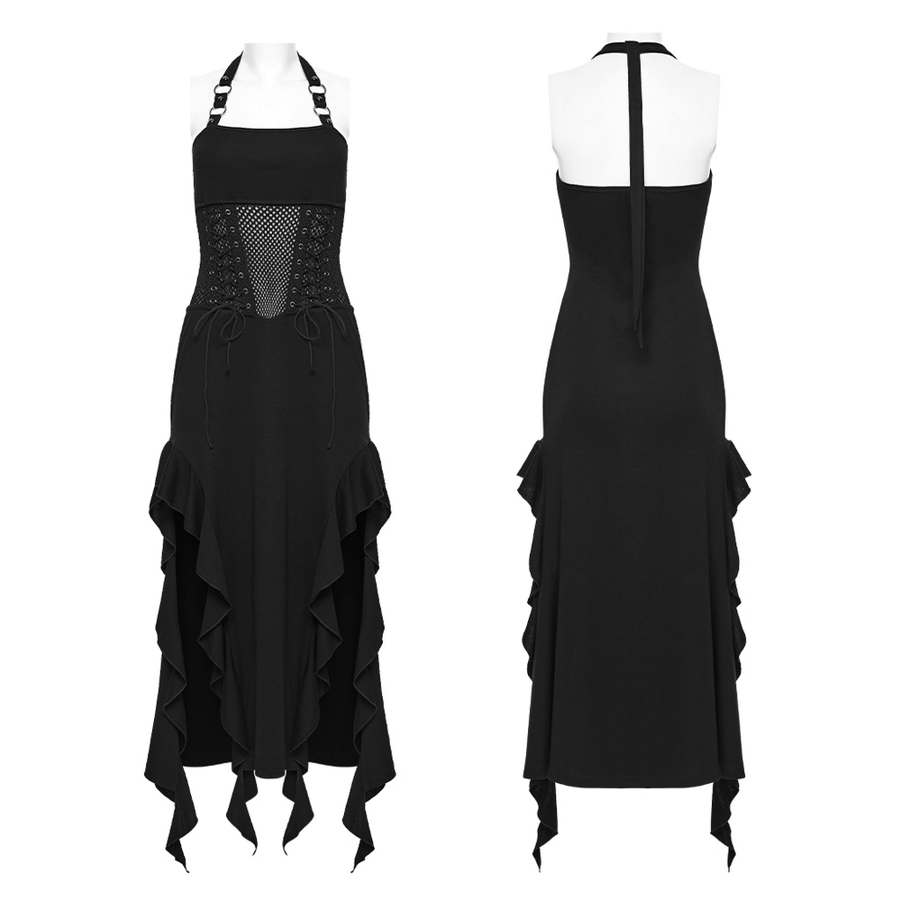 Gothic Punk Halter Mesh Dress With Ruffled Hem showcasing ruffled edges and mesh waist for a stylish layered look.