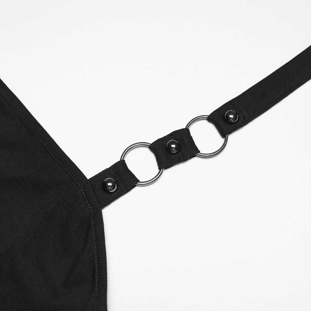 Close-up of the Gothic Punk Halter Mesh Dress With Ruffled Hem showing adjustable strap details and metal ring accents.