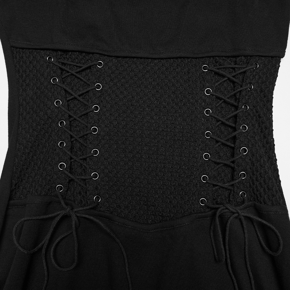 Gothic Punk Halter Mesh Dress With Ruffled Hem close-up of lace-up details and mesh waist.