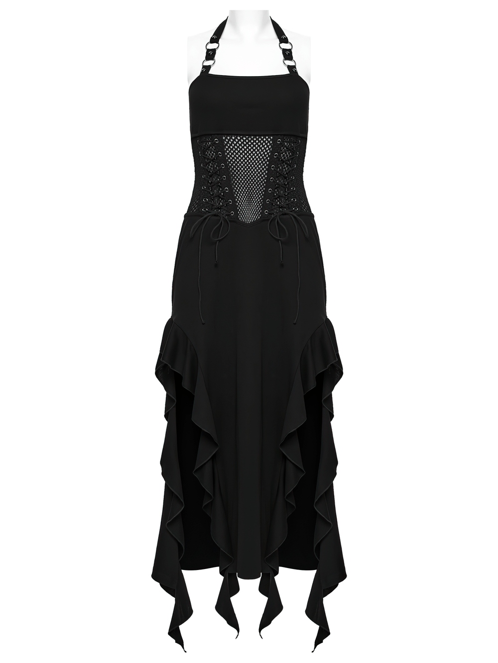 Gothic Punk Halter Mesh Dress With Ruffled Hem showcasing a stunning layered design and ruffled edges in black.