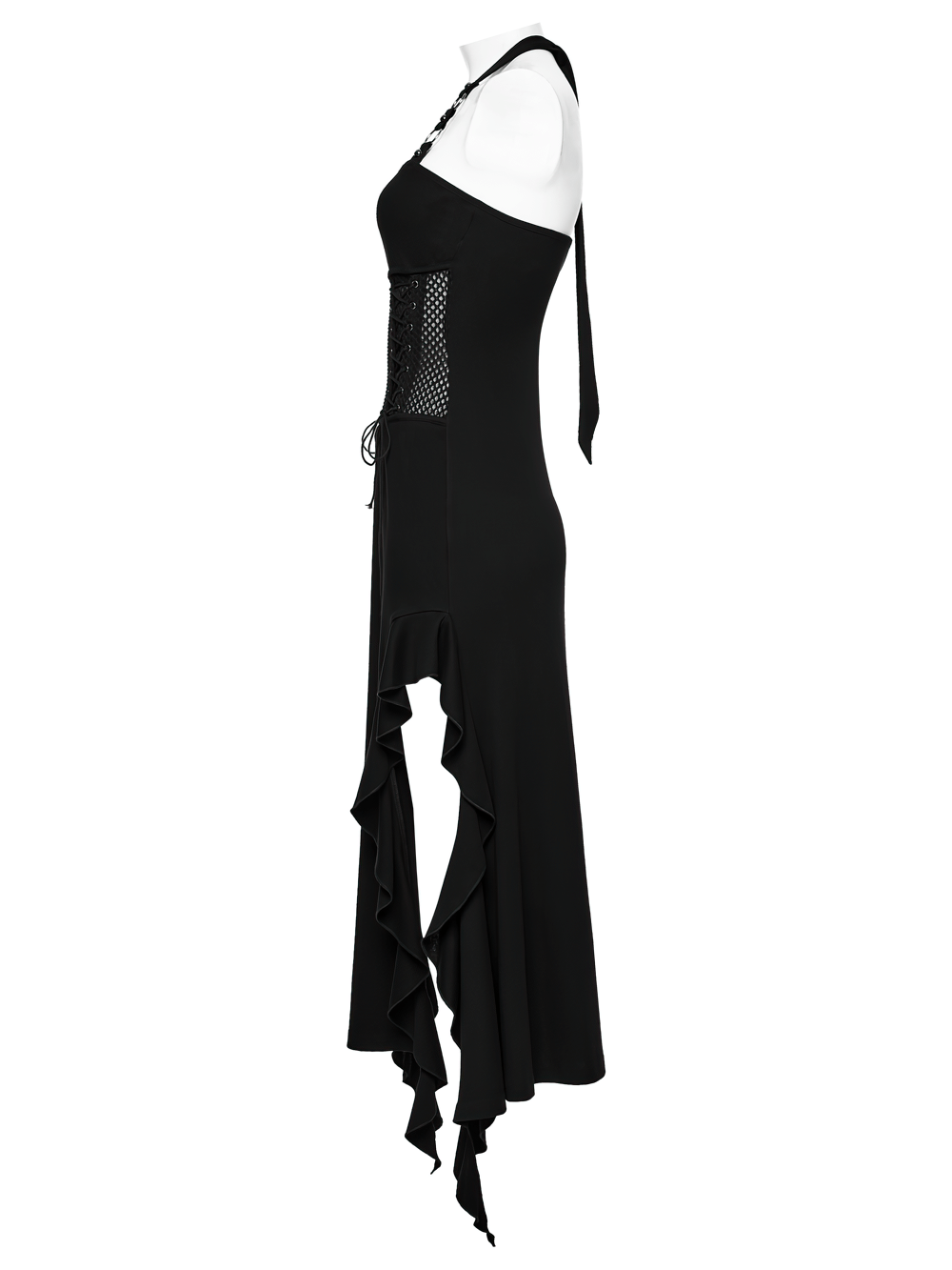 Gothic Punk Halter Mesh Dress With Ruffled Hem showcased on a mannequin, featuring a stylish side view.