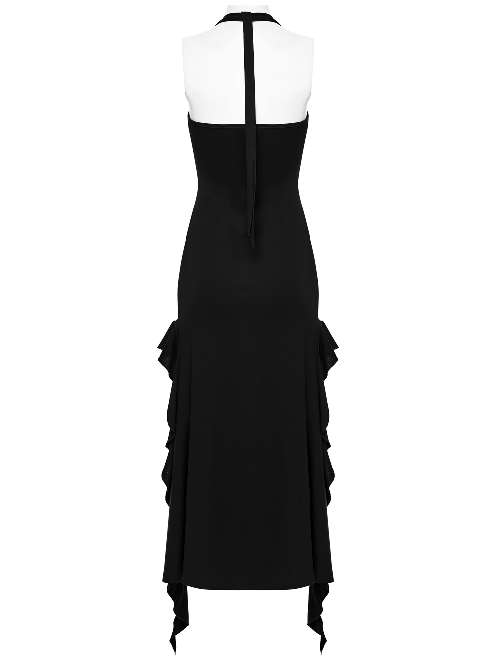 Gothic Punk Halter Mesh Dress With Ruffled Hem featuring a sleek black back and ruffled hem design.