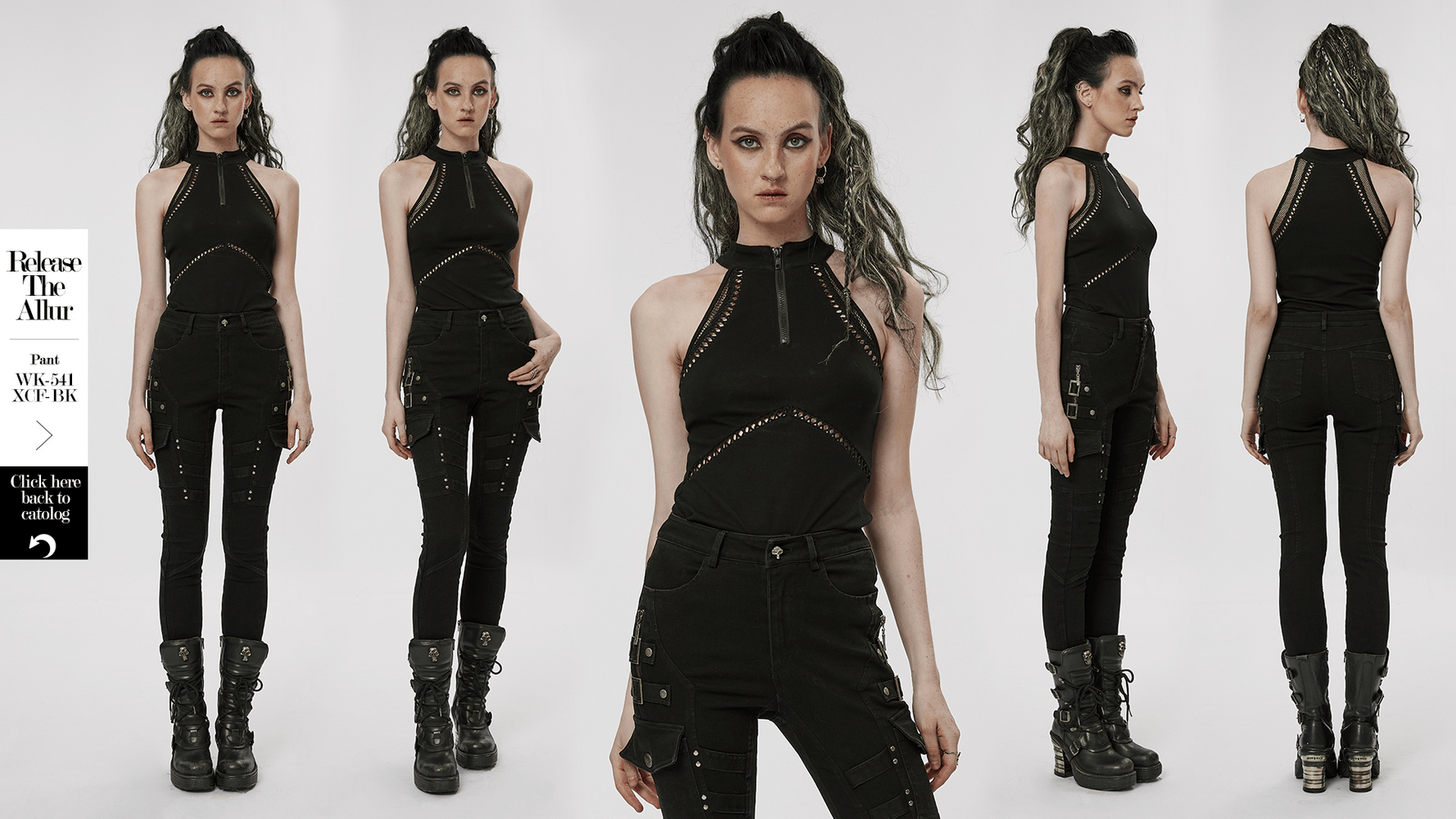 Gothic punk halter mesh tank top with zipper front, showcasing edgy design and spliced elastic mesh for bold style.
