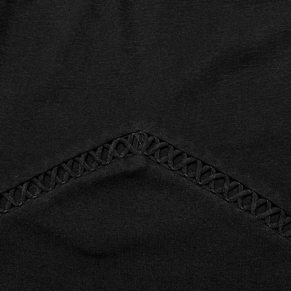 Close-up of the black fabric with spliced elastic mesh detailing for the Gothic Punk Halter Tank Top.