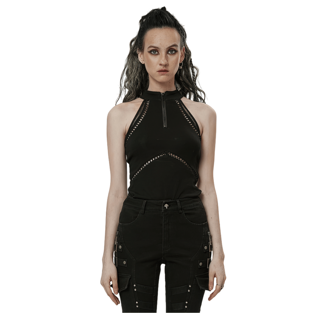 Gothic punk halter mesh tank top with zipper front, showcasing edgy design and fitted silhouette for summer style.