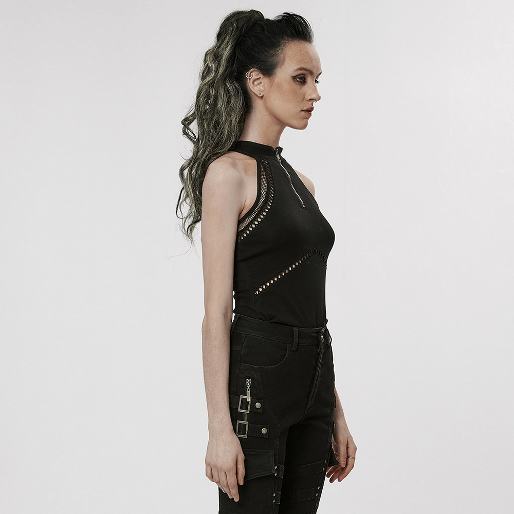 Gothic punk halter mesh tank top with zipper front, showcasing edgy vibes and slim design in black.