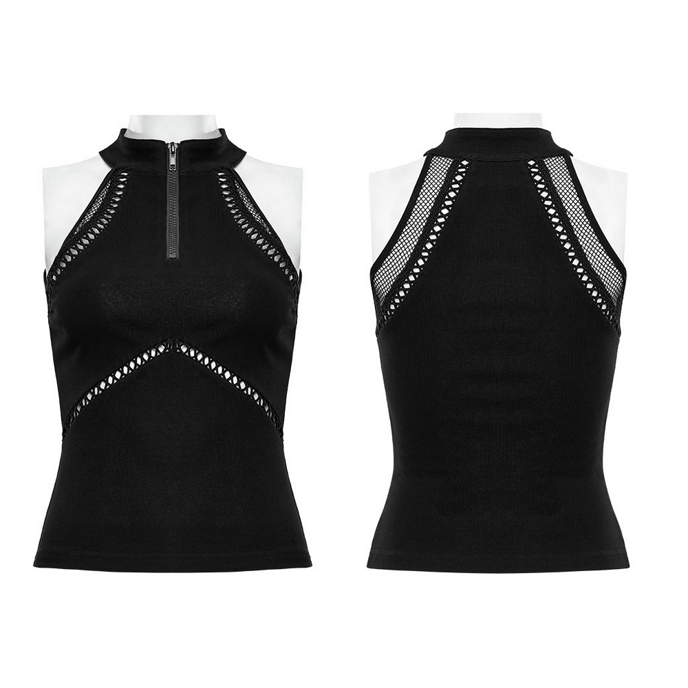 Gothic punk black halter mesh tank top with zipper front and stylish hollow-out design for edgy summer vibes.