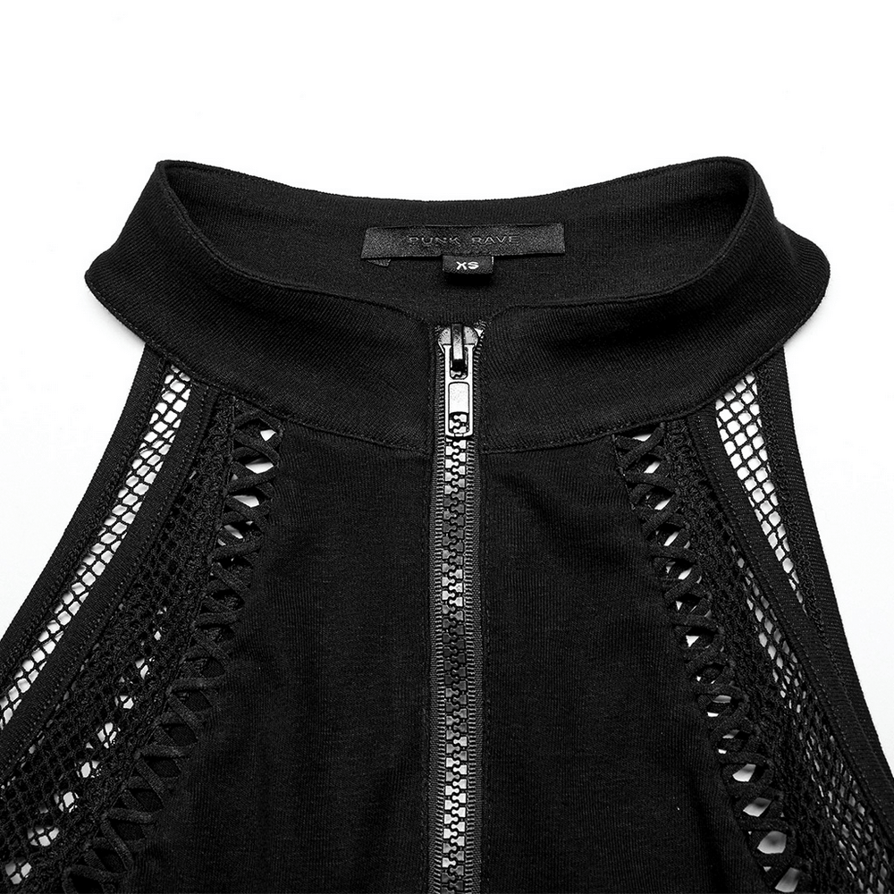 Gothic punk halter mesh tank top with zipper front, featuring edgy elastic webbing and stylish collar design.
