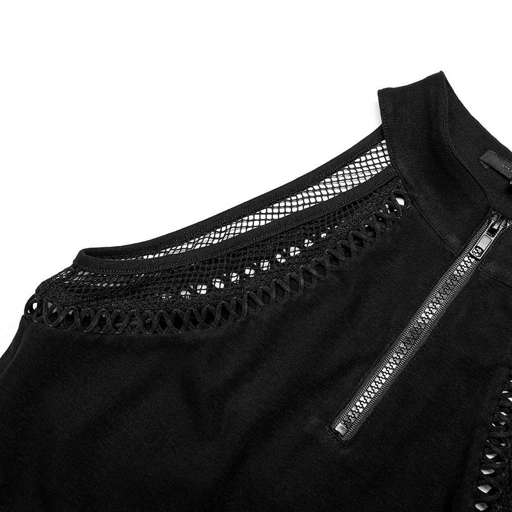 Close-up of Gothic Punk Halter Mesh Tank Top featuring black fabric, zipper front, and edgy mesh detailing.