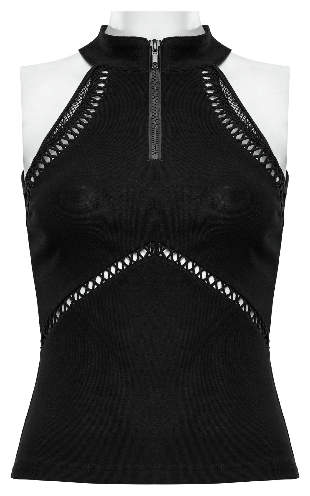 Gothic punk halter mesh tank top with zipper front, showcasing edgy design and elegant silhouette in black.