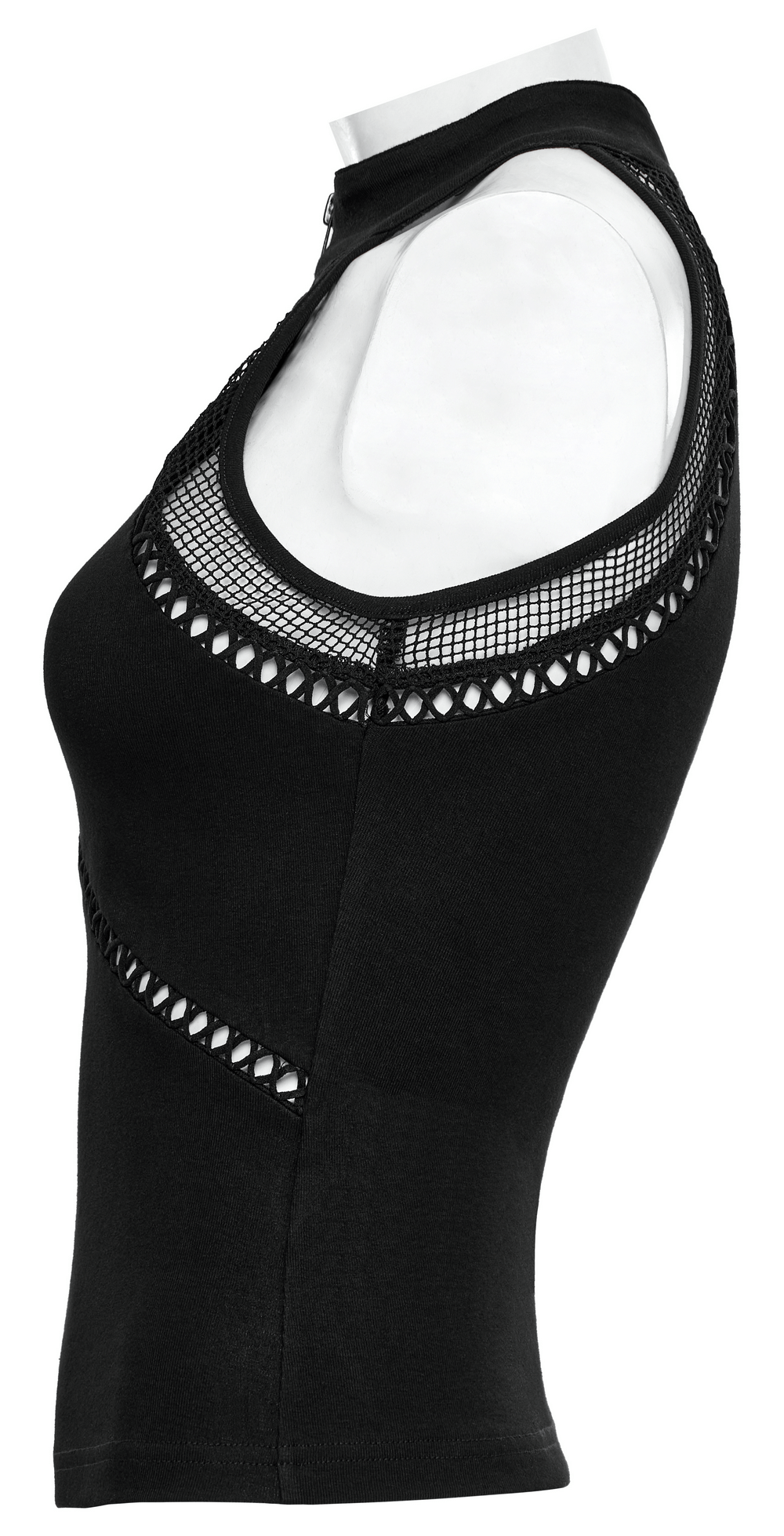 Gothic punk halter mesh tank top with zipper front, spliced elastic design, perfect for edgy summer fashion.
