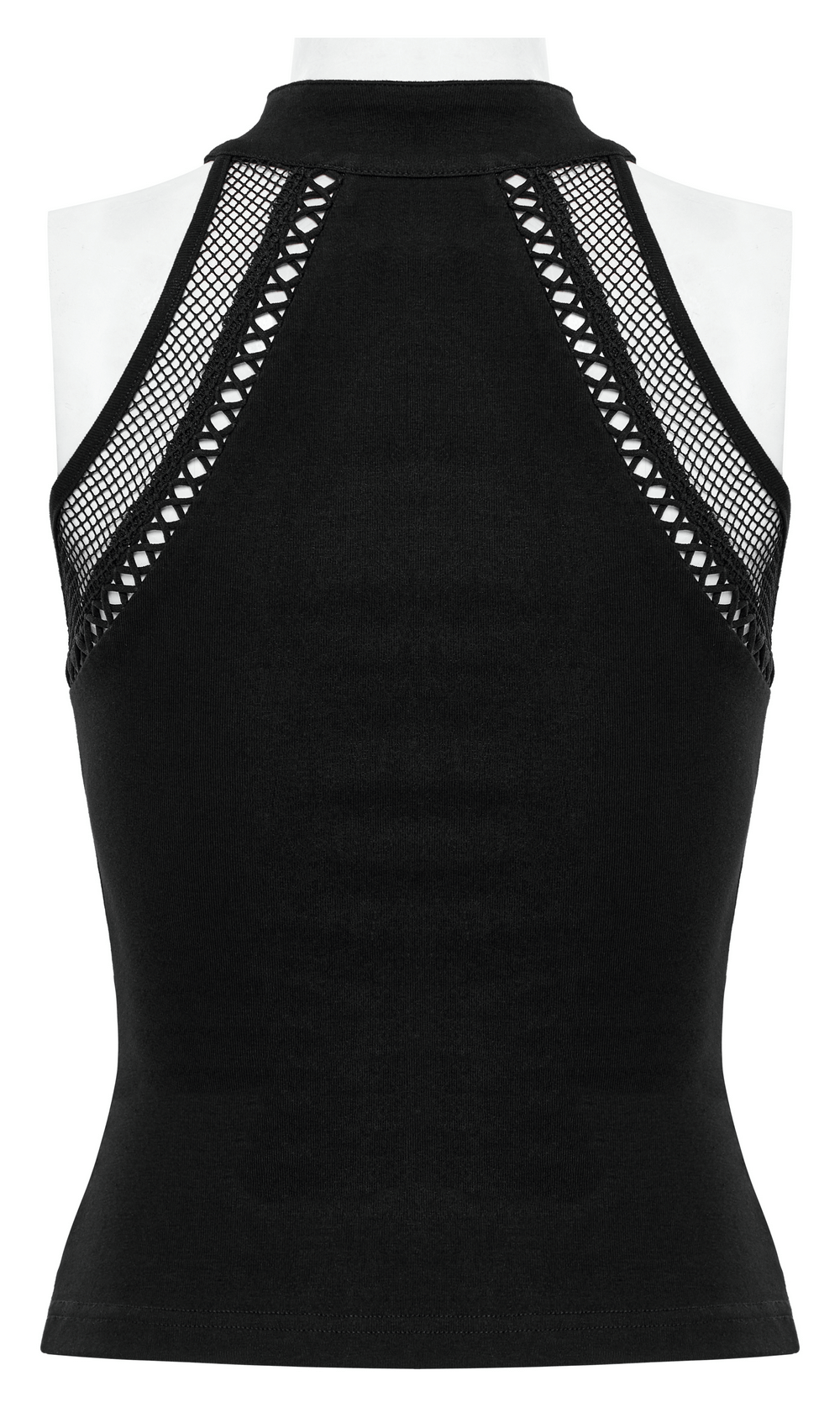 Gothic punk halter mesh tank top in black showing back design with spliced elastic mesh and hollow-out webbing.