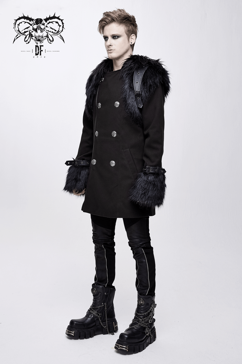 Men's gothic punk hooded coat with faux fur, silver buttons, and stylish shoulder accessory.
