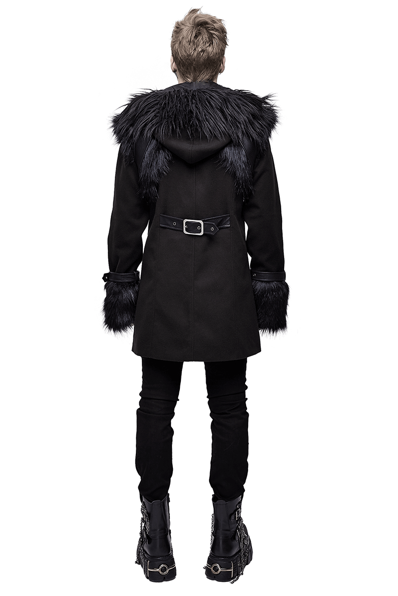 Gothic Punk Hooded Coat with Detachable Shoulder Accessory / Men's Black Coat with Buttons - HARD'N'HEAVY