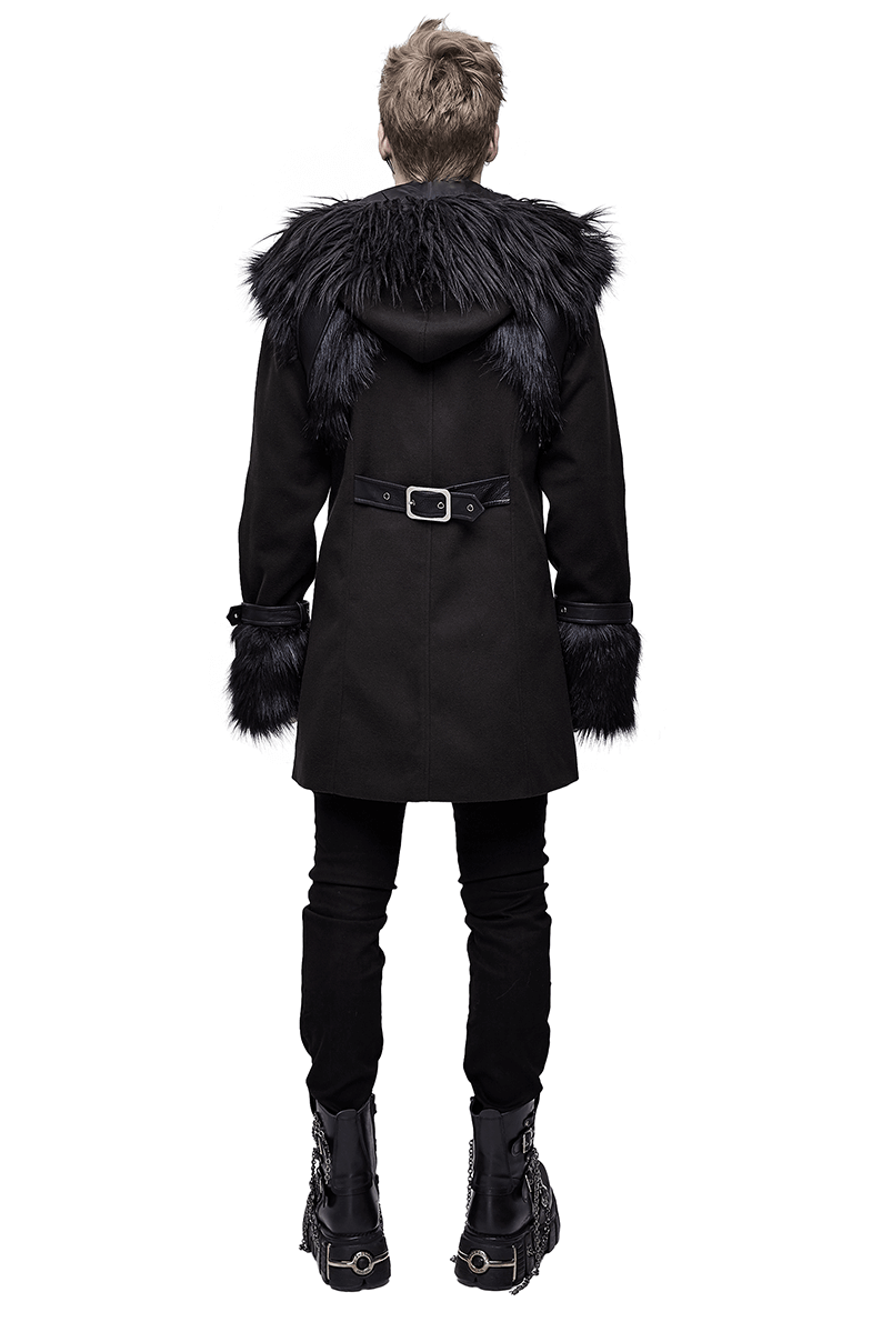 Back view of a men's gothic punk black coat with fur details and a belt, perfect for a bold fashion statement.
