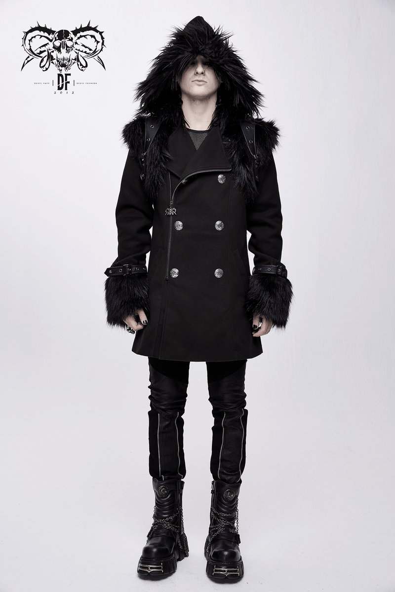 Men's gothic punk hooded coat with detachable fur accessory and silver buttons, perfect for edgy style.