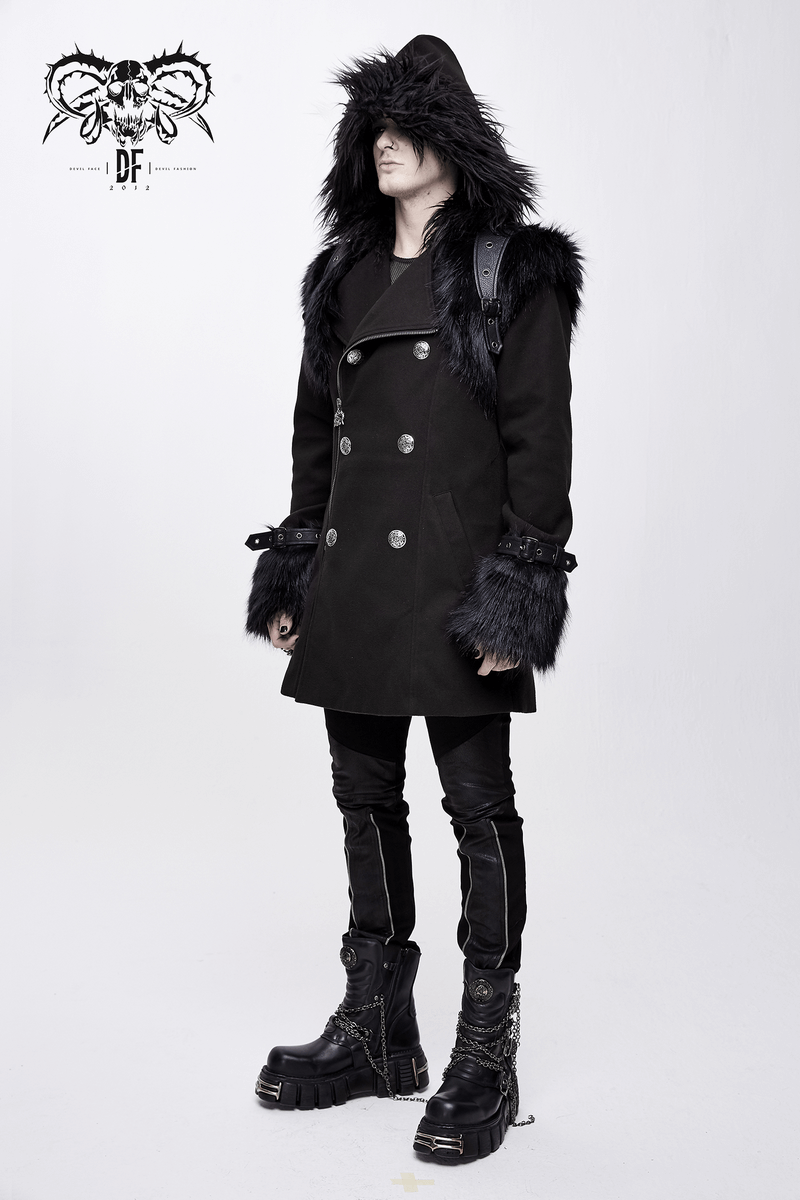 Gothic punk men's black coat with detachable shoulder accessory and fur inserts, perfect for edgy street style.
