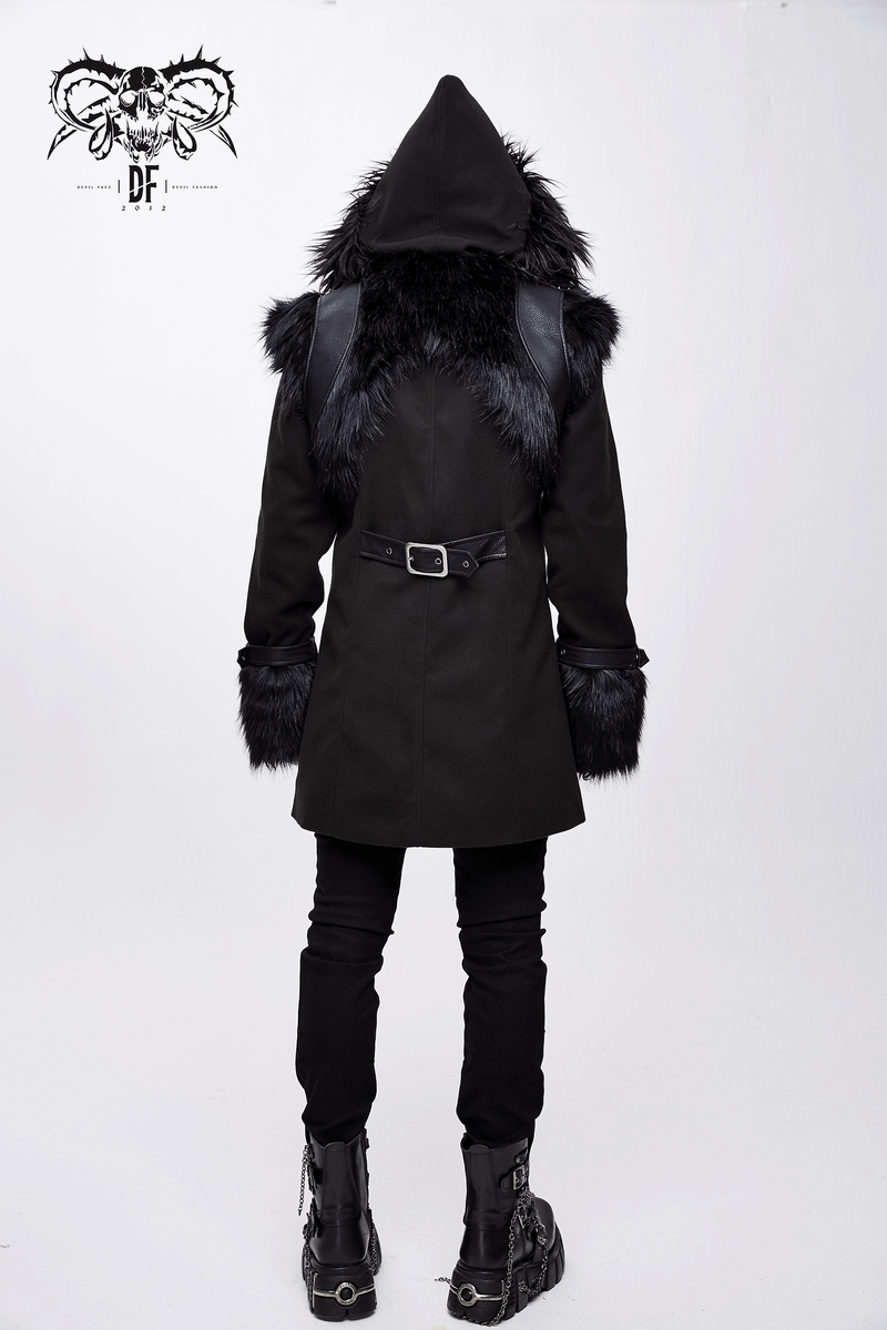 Back view of a men's gothic punk hooded coat with fur inserts and a belt, showcasing an edgy black fashion style.