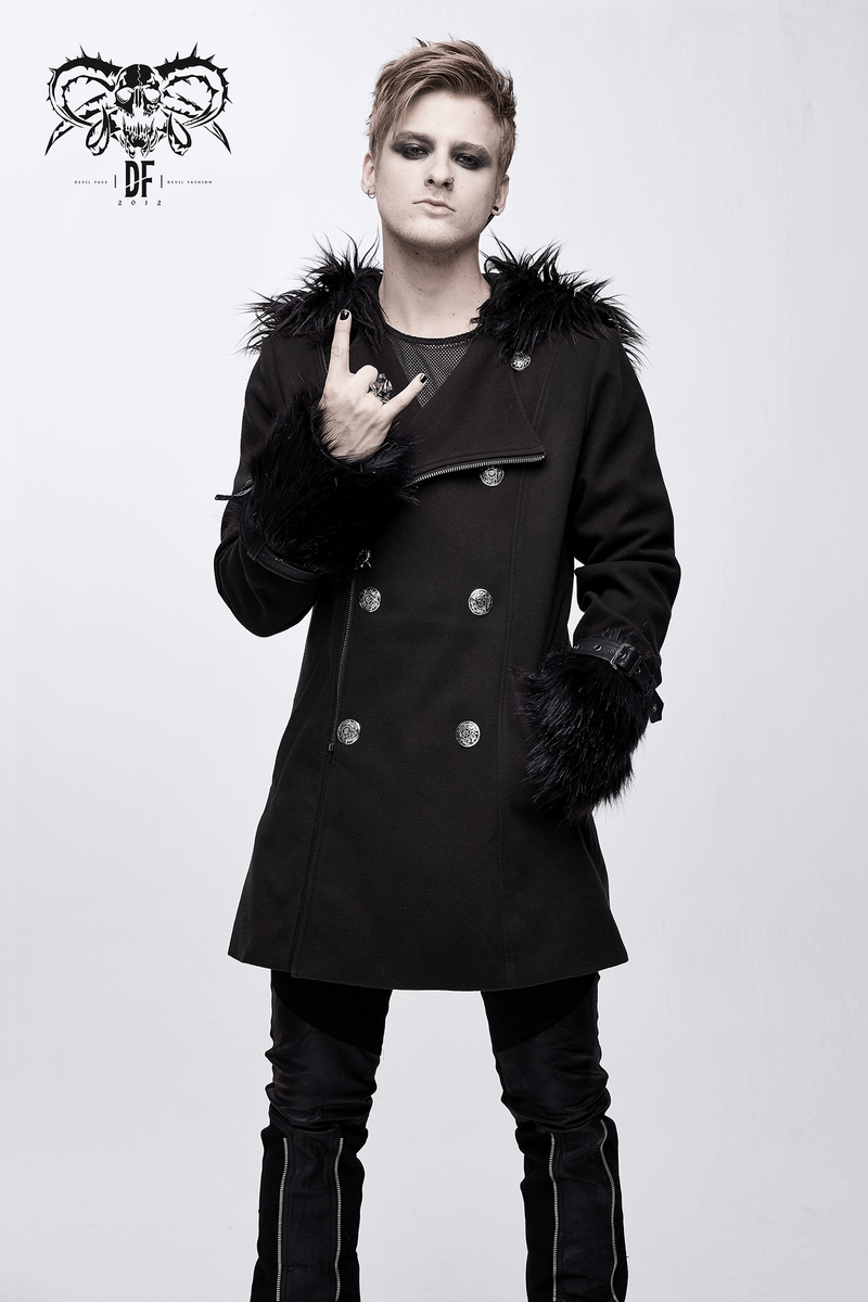 Men's gothic punk hooded coat with detachable fur accessories and silver buttons, perfect for a bold style.